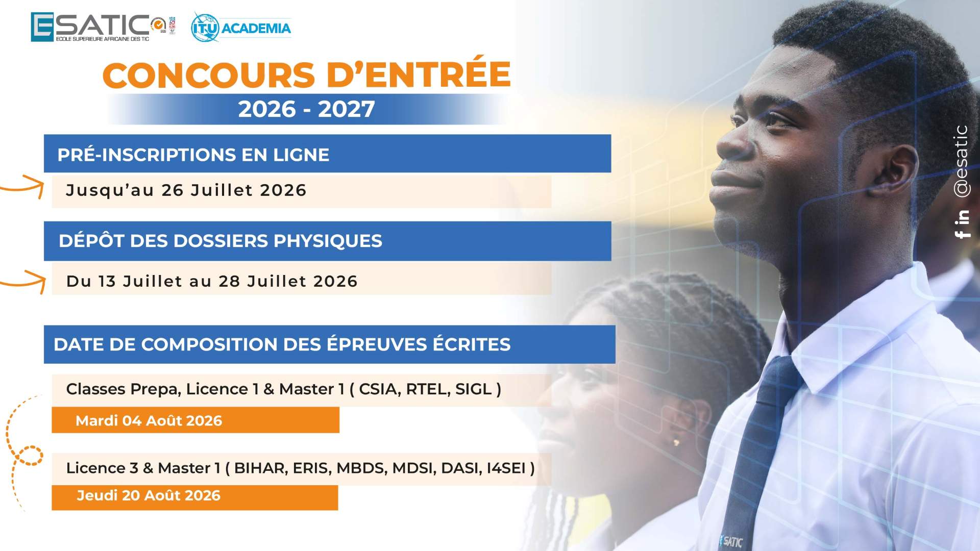 CONCOURS ESATIC Chronogramme École Supérieure Africaine des TIC