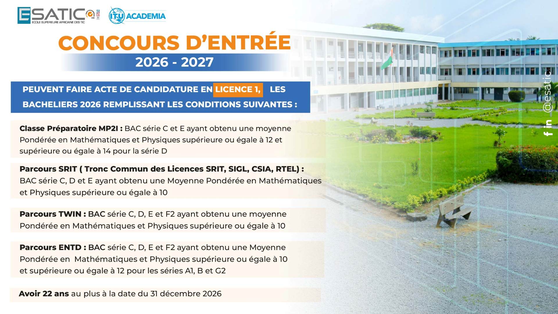 CONCOURS ESATIC Conditions 1ere annee École Supérieure Africaine des TIC