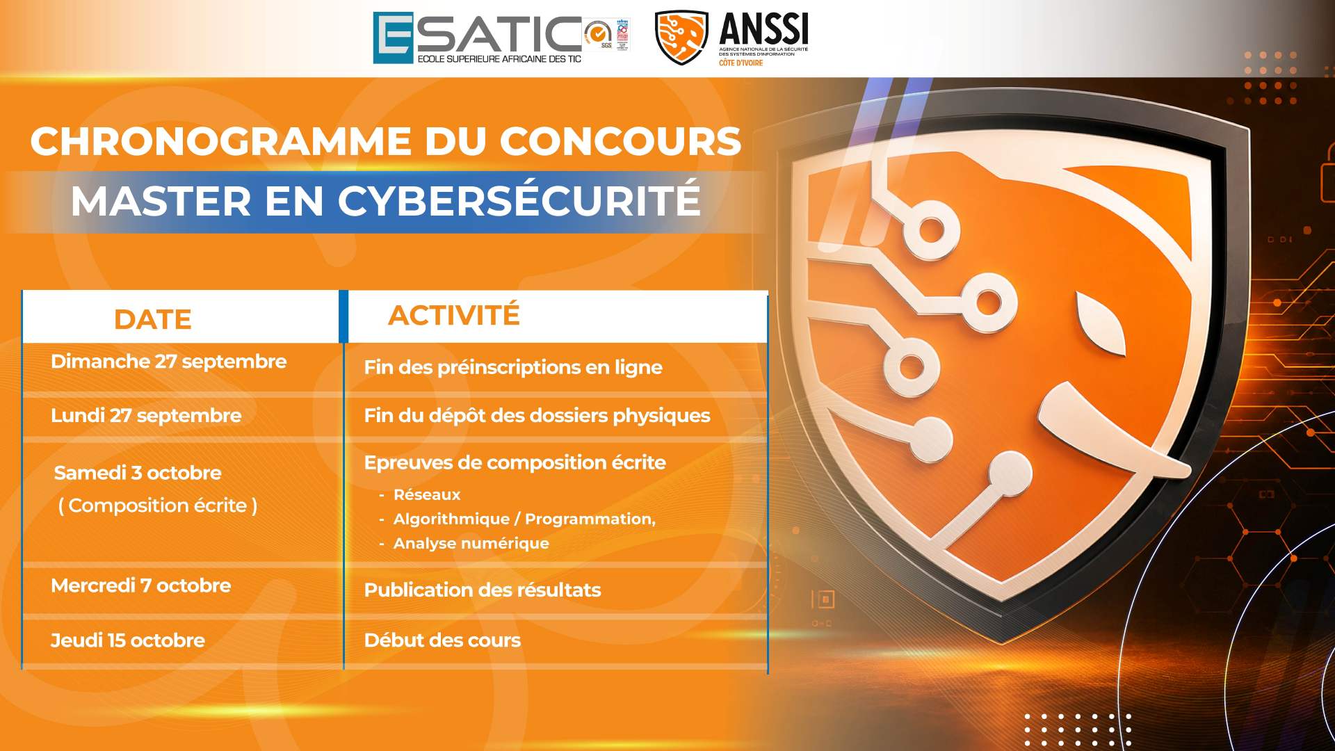Chronogramme concours cybersecurite École Supérieure Africaine des TIC