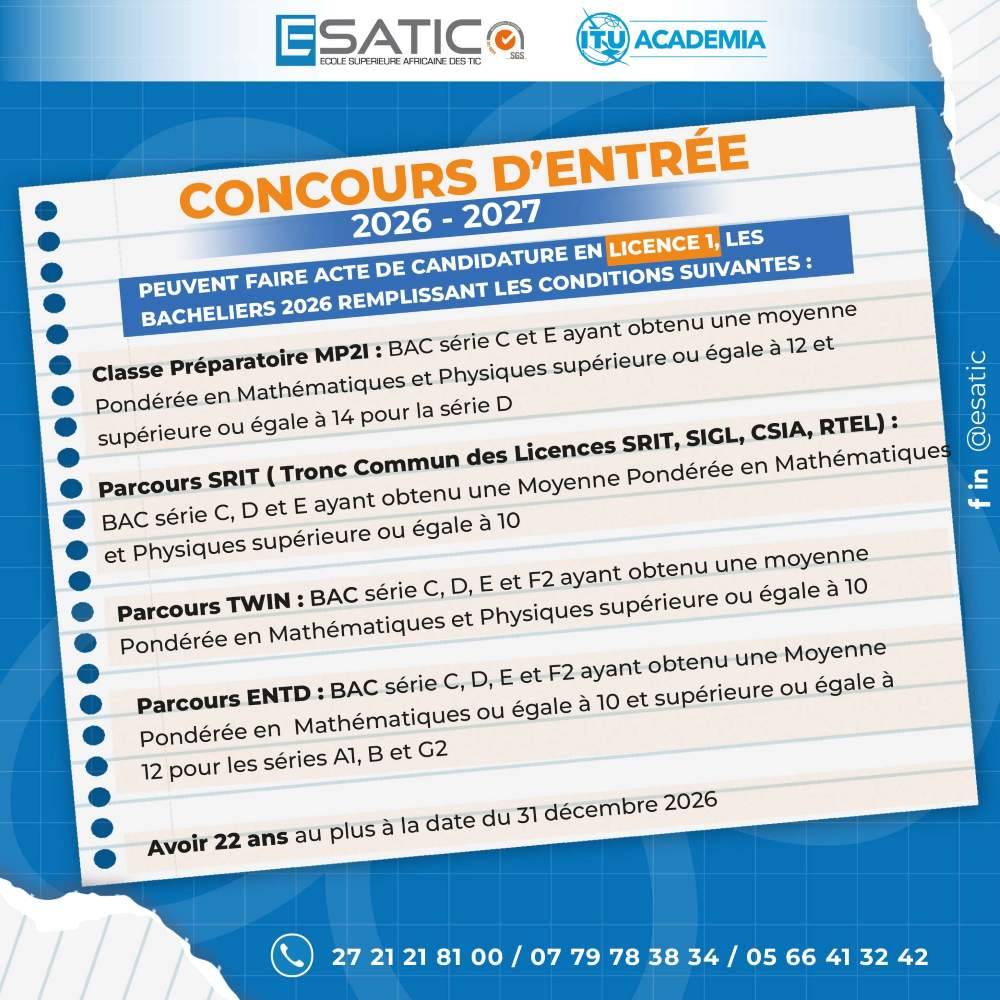 concours esatic 2026 conditions licence École Supérieure Africaine des TIC