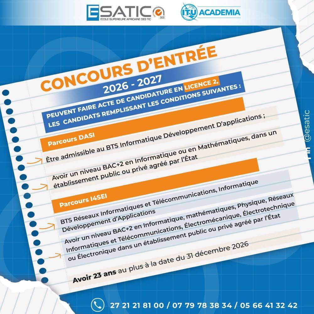 concours esatic 2026 conditions licence 2 École Supérieure Africaine des TIC