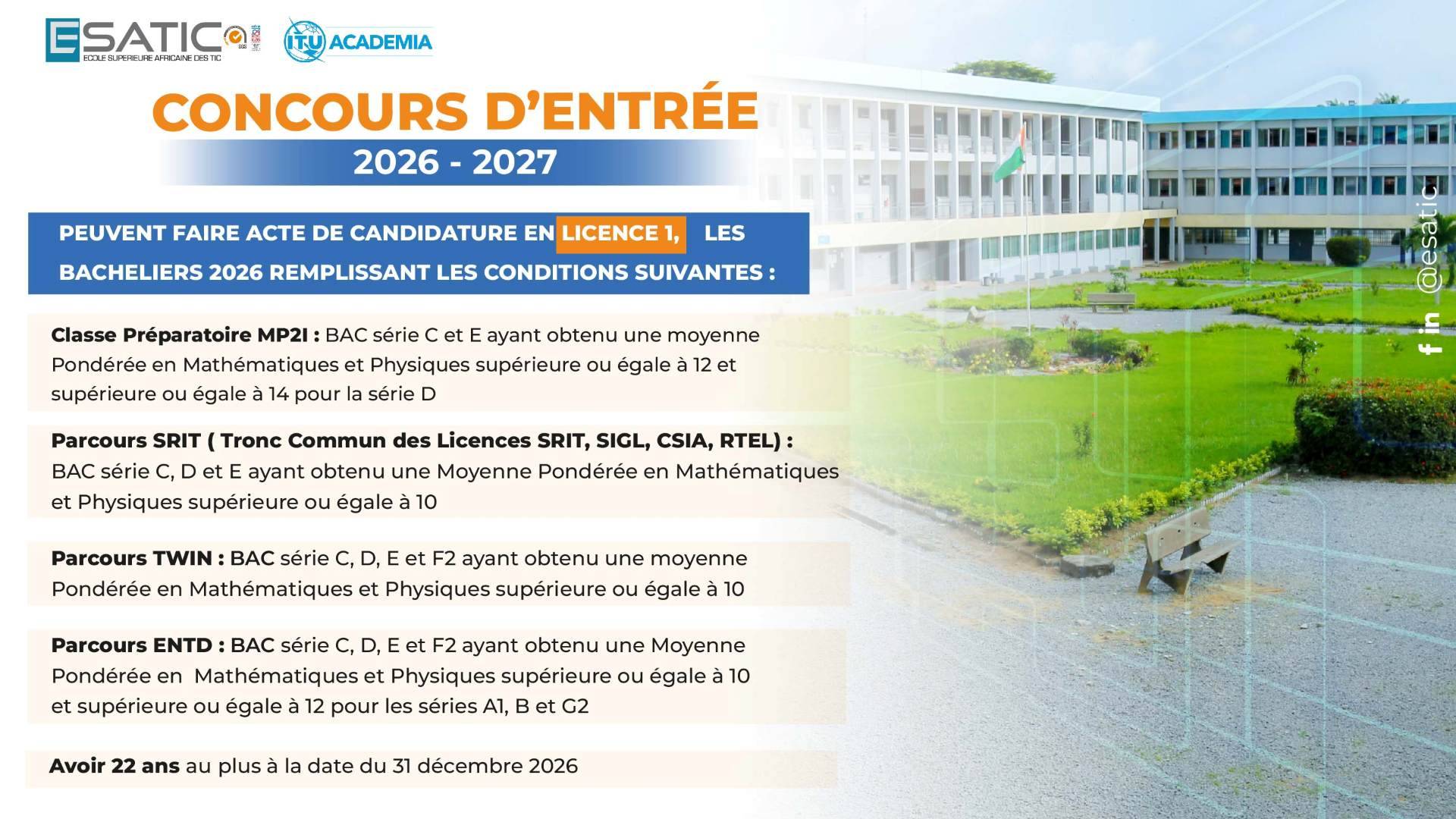 CONCOURS ESATIC Conditions 1ere annee École Supérieure Africaine des TIC
